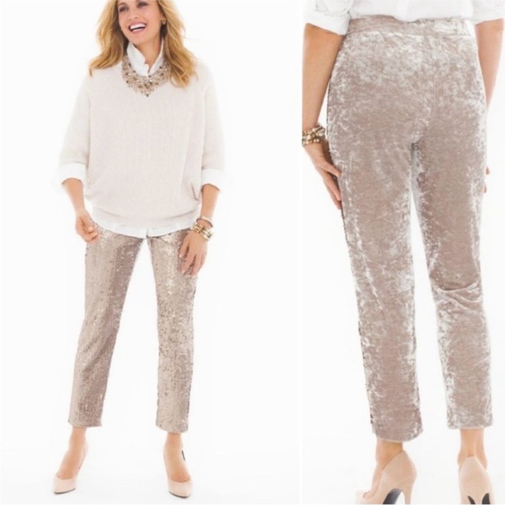 NEW! CHICO’S Sequins & Velour Pull-On Soft Ankle Pants Champagne Taupe 2.5 Large